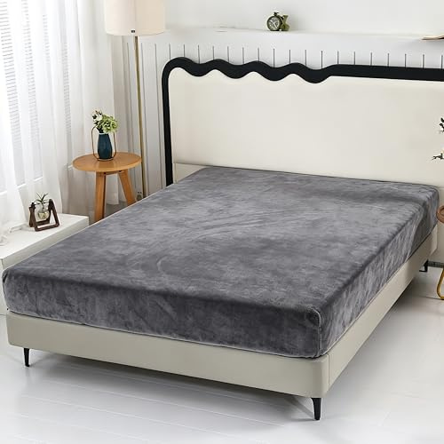 SDY Fleece Fitted Sheet only Queen Size with Deep Pocket 15.7”，No Pilling Fluffy Grey Queen Bottom Sheet Fit Mattress Up to 14”-16”,Wrinkle Free, Breathable for Warm Winter