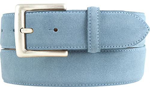 BELTINGER Gürtel aus Veloursleder mit altsilberner Gürtelschnalle 4 cm | Velour-Ledergürtel 40mm | Wildleder-Gürtel alt-silber 4cm | Jeansblau 80cm