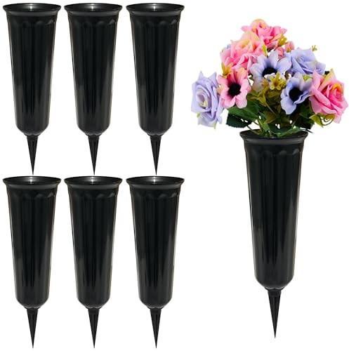 Memorial Floral Vases, Cemetery Vase, Headstones Flower Holder, Grave Cone Vase, Flower Pots for Outdoor Plants, Decorative Plastic Containers (Set of 6, Black)