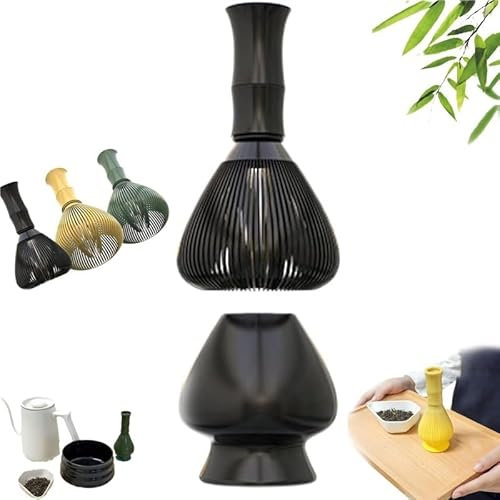 Batidor de silicona para matcha, batidor de resina PP reutilizable, herramientas para batir matcha de resina, para té verde matcha con soporte para batidor (verde + con soporte para batidor)(Black)
