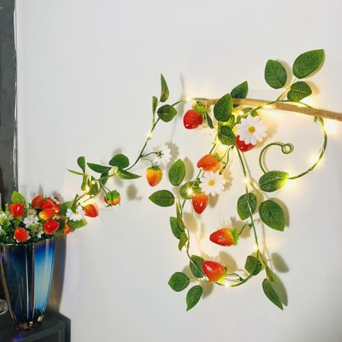 Riaxuebiy 2M Künstliche Blume Erdbeer Rattan Lichterkette Batteriebetrieben Gefälschte Erdbeer Blumengirlande mit 20 LED Feenlichter,Blumenranken Schnur Lichter (Weiße Gänseblümchen)