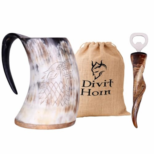 Divit Horn Genuine Viking Drinking Horn Mug, Shot Glass & Bottle Opener (3-Pc Set) | Authentic Medieval Beer Horn Tankard | Horn Cup/Stein | Burlap Gift Sack Included | Wolf Mug & Brass Hammer Opener