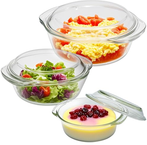Set of 3 Glass Casserole Dishes with Lids, 0.7L+1.5L+2L Round Borosilicate Glass Oven Dishes, Heat-Resistant Glass Bowls for Cooking, Baking, Serving & Storage, Microwave & Dishwasher Safe