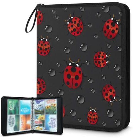 Carpeta de tarjetas coleccionables con 4 bolsillos, diseño de mariquitas, álbum de tarjetas con fundas extraíbles, impermeable, con cremallera, capacidad para 50 páginas y 400 tarjetas