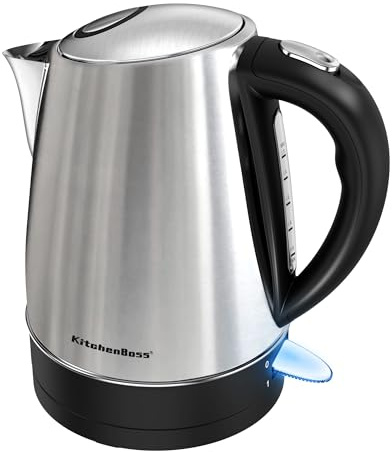 KitchenBoss Bollitore Elettrico in Acciaio Inox 1,7 L：Bollitore Elettrico 2100W, con Filtro Rimovibile, Indicatore del Livello dell'Acqua, Base Rotante a 360°, Spegnimento Automatico