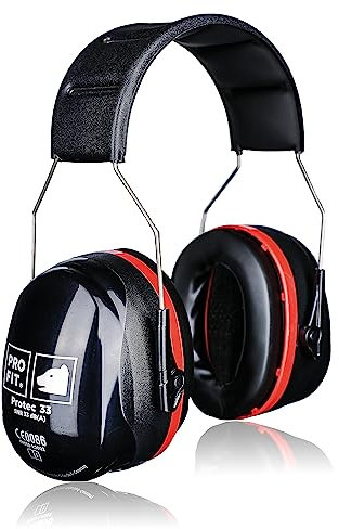 PRO FIT Kapselgehörschutz Protec 33 Schwarz-Rot - Verstellbarer Gehörschutz mit SNR 33dB - Niedriger Anpressdruck - Für Baustelle & Werkstatt