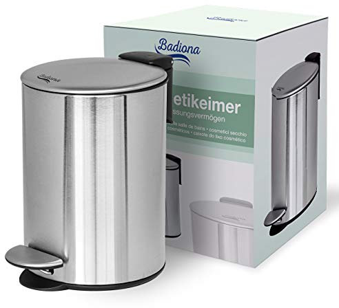 BADIONA Kosmetikeimer Bad 3l Edelstahl Absenkautomatik | Bad Mülleimer Badezimmer | Abfalleimer Bad Silber Kosmetikmülleimer | Badmülleimer Chrom | Kosmetikeimer Metall klein | 3 Liter Badmüllereimer