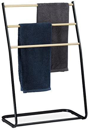 Relaxdays Handtuchhalter stehend, Metall, 3 Sprossen in Holzoptik, für Handtücher & Kleidung, HxBxT 86x58x30 cm, schwarz