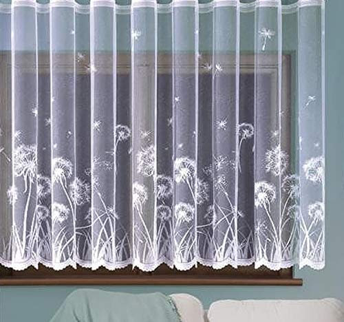 MforStyle White Net Curtain floral design DANDELIONS - READY TO HANG - HEMMED SIDES - Slot Top - WIDTH sold by the metres - DROP: 45 (114cm)