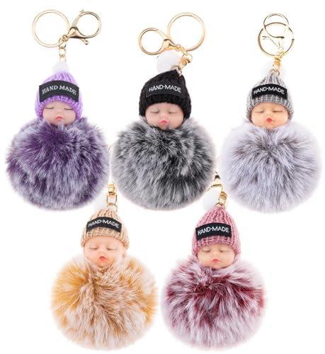 Ukerdo Mignon Duveteux Endormi Bébé Poupée Porte-clés Pompom Femmes Voiture Extérieur Métal Sac à Dos Téléphone Pendant - 5 PCS