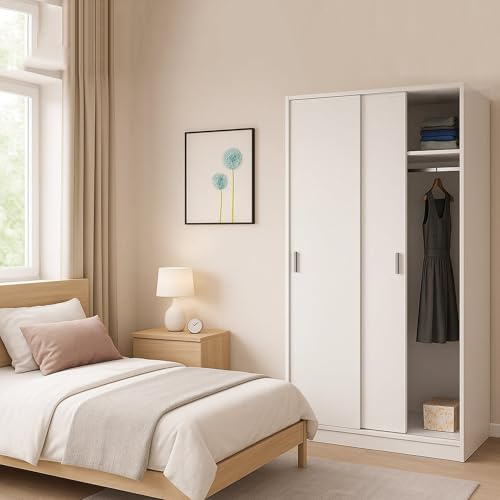 Dmora - Garde-Robe 2 Portes Lansing, Armoire de Chambre, Armoire avec étagère et Tringle à vêtements, 100x50h200 cm, Blanc