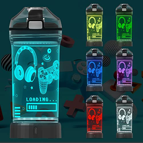 Attivolife Game Water Bottle for Kids, 3D Illusion LED Light with 7 Color Changing Light - 14 0z BPA Free - Creative Ideal Camping Picnic Travel Cup Gamer Gifts, Back to School for Boys Child Holiday