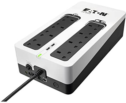 Eaton 3S 850B UPS - Off Line Uninterruptible Power Supply - 3S850B - 850VA (8 BS outlets, 2 USB Type-A ports, Quiet, Shutdown software) - USB interface (cable included) - Black&White