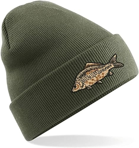 Corporate Togs CARP Fishing Angler Embroidered Beanie Hat - Common/Mirror/Specimen Logo (Olive Green)
