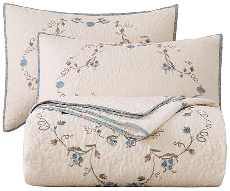 vctops 3-Piece Elegant Floral Embroidered Bedspread Coverlet Set Oversize Queen 100% Cotton Reversible Patchwork 1 Quilt and 2 Pillow Shams (Flower B,Oversize Queen)