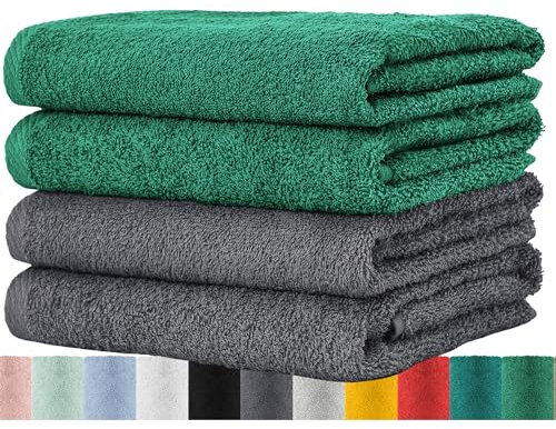BaSaTex - Handtuch Set für Haushalt & Gäste 4er Pack - Frottee-Handtücher mit Aufhängeschlaufe aus weicher Baumwolle in 50x100cm - Waschtücher Bad Öko-Tex Standard 100 zertifiziert - Anthrazit Smaragd