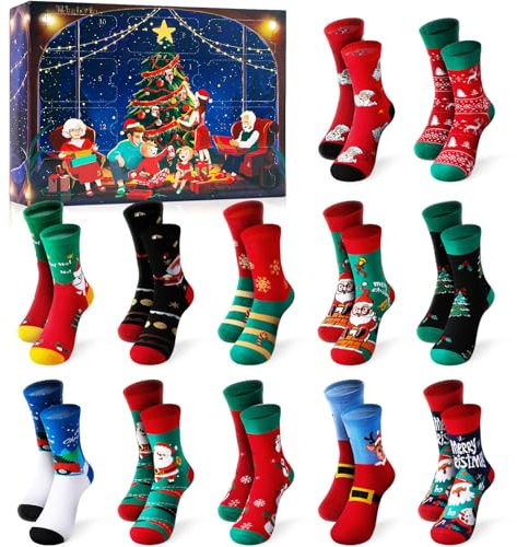 Souarts 12 Paare Weihnachtssocken Adventskalender 2024 Frauen, Erwachsene Kuschelsocken Damen Lustige Socken, Weihnachtskalender Christmas Socks