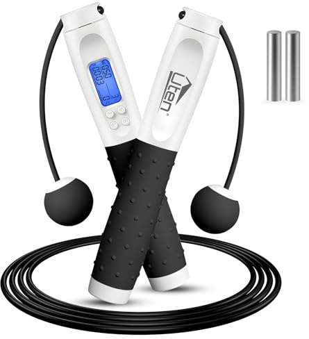 Uten Cuerda para Saltar, con Temporizador y Contador de Calorías, Cuerda para Saltar Inalámbrica, Longitud Ajustable, 3m, Mango Antideslizante, para Fitness, Entrenamiento (blanco negro)