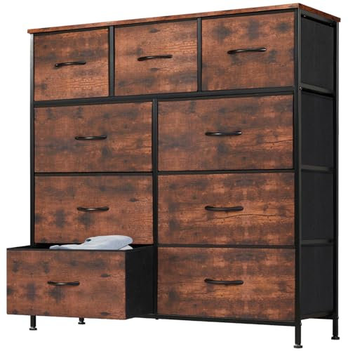 DUMOS Kommode mit Schubladen - Kommoden&Sideboards für Schlafzimmer Geeignet, Komodenschrank mit 9 Schubladen, Stoffkommode mit Stabilem Stahlrahmen, Ideal für Schlafzimmer, Wohnzimmer (Vintagebraun)