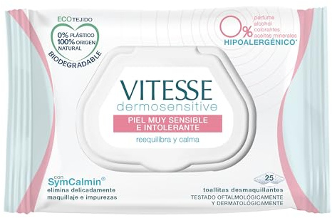 Vitesse, Dermosensitive Toallitas Desmaquillantes Hipoalergénicas para Piel Muy Sensible e Intolerante, Reequilibra y Calma, Elimina Delicadamente Maquillaje e Impurezas, Sin Alcohol, 25 unidades