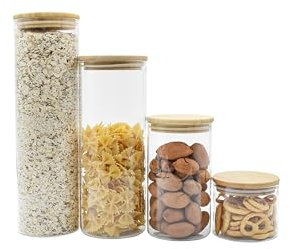 Recamania Set de 4 Tarros de cristal con tapa de bambú – Botes de cocina para almacenaje de cereales, pasta, granos y más – 500 ml a 1900 ml