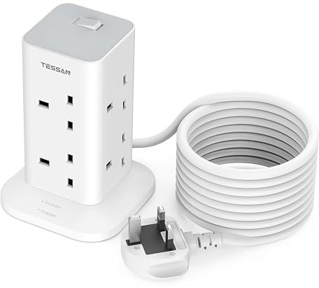 Tower Extension Lead 5M without USB, TESSAN 8 Way Plug Adaptor 1700J Surge Protected, Long Extension Cable, Multi Plug Power Strip with Switch for Home, Office, Kitchen Supplies, Gray