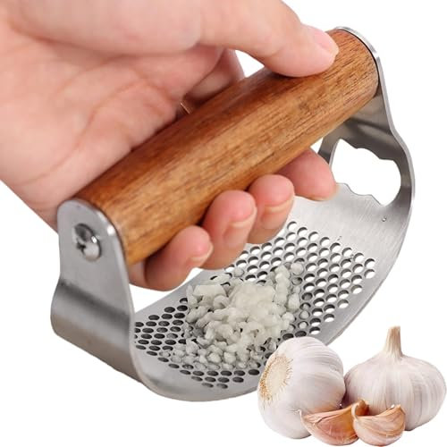 Metal Garlic Mincer, Wooden Handle Garlic Crusher, Stainless Steel Garlic Masher, Garlic Crusher Presser, Garlic Press Rocker Kitchen Gadgets for Effortless Crushing