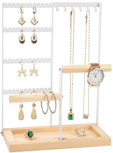 Jewelry Organizer Stand, Jewelry Holder, Lengnoy 4 Tier Earring Holder with 48 Holes and 6 Hooks Necklace Organizer Wood Box for Necklace Bracelet Earring Ring, White