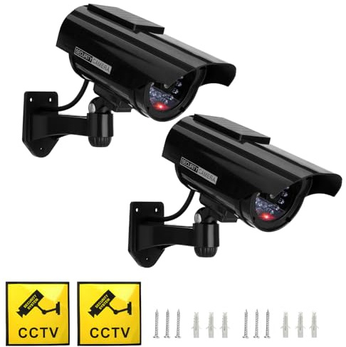Twilight Garage Paquete de 2 monitores de simulación de cámara CCTV falsa de seguridad falsa con luz LED parpadeante y calcomanía de alerta de seguridad, uso en interiores y exteriores, color negro