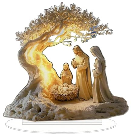 perfk Adorno de Mesa con Escena de Natividad Navideña de 7,1 x 7,8 Pulgadas, Decoración Navideña con Soporte, Decoración Cristiana, Acrílico Plano 2D