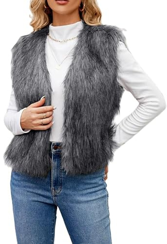 SANSIWU Women Faux Fur Vest Coat Y2K Sleeveless Solid Color Open Front Outwear Gilet Casual Short Vest Jacket Coat