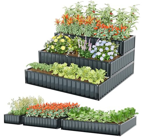 RELAX4LIFE Huerto Urbano de Metal de 3 Niveles, Jardinera Elevada con Suelo Abierto, Macetas Exterior Grandes de 3 Compartimentos para Verduras, Frutas, Flores y Hierbas, 118x118x61cm, Negro