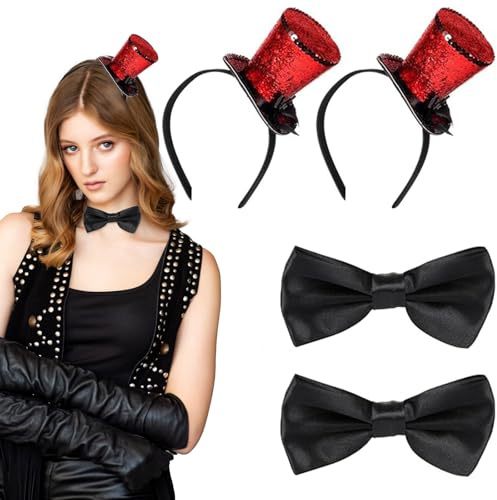 BEIMEIII Lot de 4 mini chapeaux cylindriques avec serre-tête rouge - Serre-tête - Mini chapeau - Directeur de cirque - Nœud papillon noir - Pour carnaval, fête, accessoires