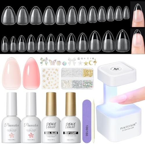 PEACECOLOR 240 Pezzi Unghie Finte con Lampada, 24 Taglie Tip Unghie Ricostruzione con Colla per Unghie, Nude Rosa Smalto Semipermanente Top Coat, Allargamento - Corte & Medie Mandorla