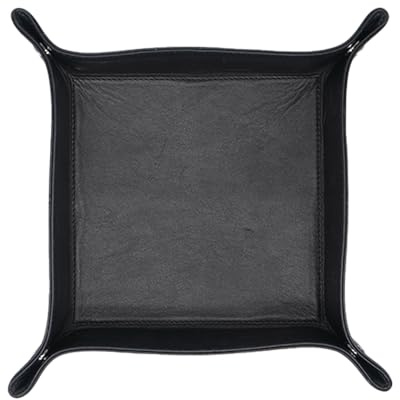 WASAMA Genuine Leather Valet Tray | Full Grain Leather Organiser with Corner Button Design | Square Catchall Tray for Keys, Wallet, Coins, Jewellery (Midnight Noir)