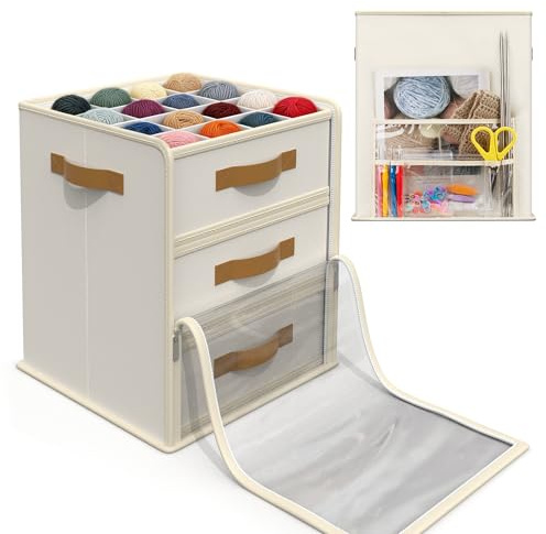 Temlum Yarn Storage Organizer with 3 Removable Trays, Large Yarn Storage Container with Adjustable Dividers Crochet Storage for Yarns, Crochet Hooks, Knitting Needles, Crochet Accessories
