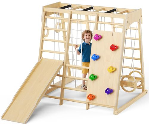 Toddler Climbing Frame, Wooden Climbing Tripod Set, with Climbing Frame, Soft Cushion, Montessori Climbing Fitness Set, for Children Aged 1-3 Indoor and Outdoor Use (Wood color-9 in 1)
