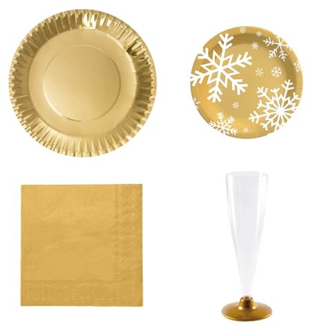 Goldfarbenes Weihnachtsgeschirr-Set mit Teller, Servietten und Gläsern für 12 Personen.