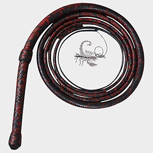 Scorpions - Frusta da cowboy in vera pelle di mucca, 12 fili con anima in pelle intrecciata, frusta da cowboy professionale, 2,4 m, colore: rosso/nero