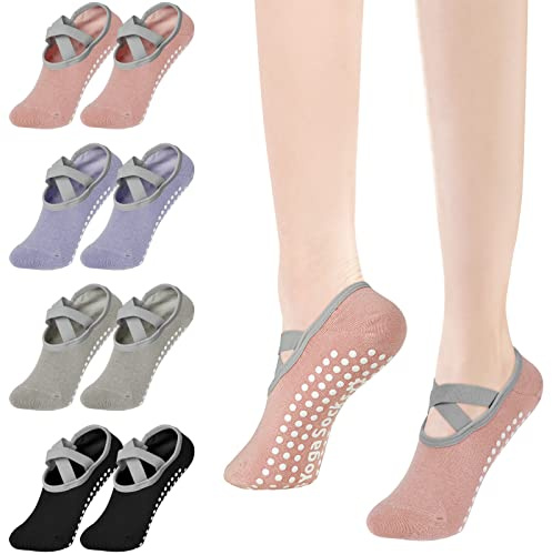 flintronic 4 Par Calcetines Pilates Yoga, Pilates Calcetines Antideslizantes Mujer pour Yoga, Fitness Antideslizantes Calcetines, para Pilate, Fitness- Negro + Gris + Rosa + Púrpura