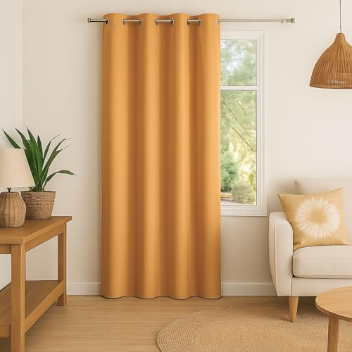 Home Maison QABANE - Cortina 100% Opaca con Efecto Jaspeado, poliéster con Aislamiento térmico y acústico con Ojales, para Dormitorio, Sala de Estar, Oficina, 140 x 180 cm, Color Amarillo Ocre