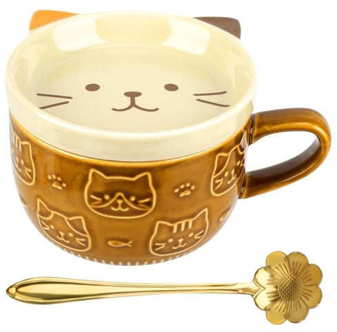 JABNOW Tazas de Gato 300ml Taza de Café de Cerámica, Taza de Té con Asa Tapa y Cuchara, Divertida Taza Personalizada Regalo para Mujeres Niñas Amantes de los Gatos, Navidad Cumpleaños Regalo