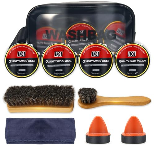 IKI Leather Boot Care Kit - Shoe Polish & Shine Kit with Black Shoe Polish, Sponge Applicators, Horsehair Brush, Microfiber Cloth and Wash Bag, Shoe Care Set for Men & Women (Black)