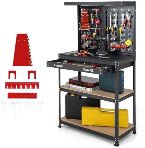 TANGZON Workbench with Pegboard, Multi-Use Workbench with 4 Shelves, Topping Space,2 Drawer, Robust Metal Frame, Heavy-Duty Work Table Tool Storage Bench for Workshop warehouse Basement (Black + Red)