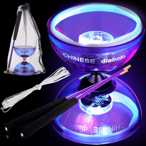 Simgoing Chinese Yoyo Diabolo Set Includes Colorful LED Diabolo Light up with 2 Pieces Sticks, 1 Piece String, 1 Net Bag for Fun(Purple)