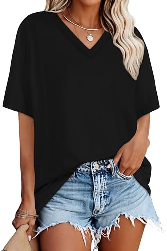 T-Shirts for Women Summer Short Sleeve Tops Black Basic V Neck Tees(Black, 3XL)