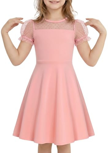 JiAmy Vestido Niña Verano - Mangas Globos Princesa, Detalle Tul Volante Elegante, Ropa Infantil para Edades 5 a 14 Años