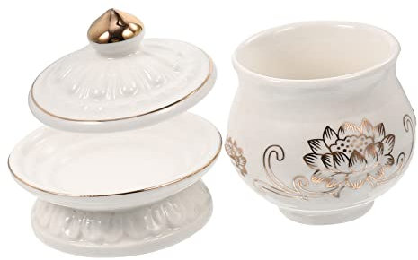 FELTECHELECTR Tazza Per Offerte Sacra in Ceramica Bianca Coppa Di Loto, Coppa Per Offerte Del Tempio, Decorazione Rituale Per Meditazione Buddista, Coperchio e Vassoio, Adatta Per Casa e Tempio