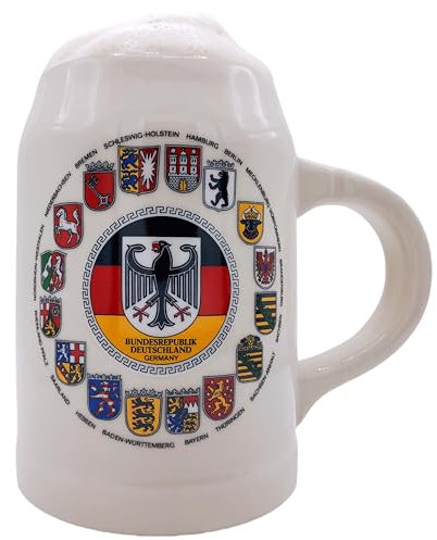 EVERSTYLE® Bierkrug Deutschland • Bundesländer Wappen 0,5L Steinkrug – Geschenk für Männer, Vatertag, Geburtstag & Weihnachten – Ideal für Zuhause, Bierfest & Party