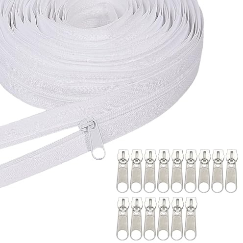 Cremallera sin fin con cremallera, cremallera continua de 5 m con 15 deslizadores de metal, color blanco, de nailon, por metros, para ropa de cama, bolsos, ropa, bolsos